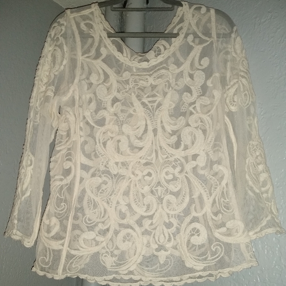 Ivory Sheer Mesh Lace Vintage Boho Blouse Cream Stretch Top Feminine Bohemian M - Picture 5 of 8